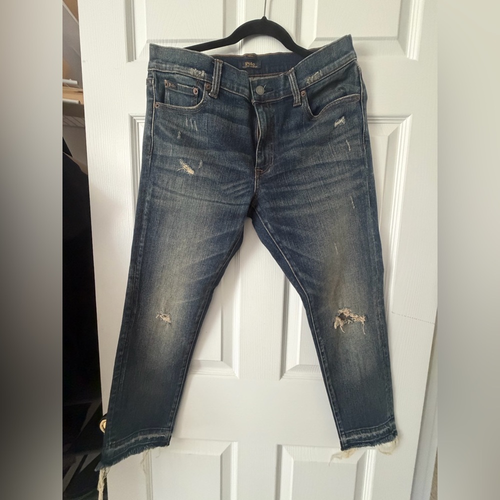 Ralph Lauren Women’s The Tompkins Skinny Crop Distressed Dark Blue Jeans